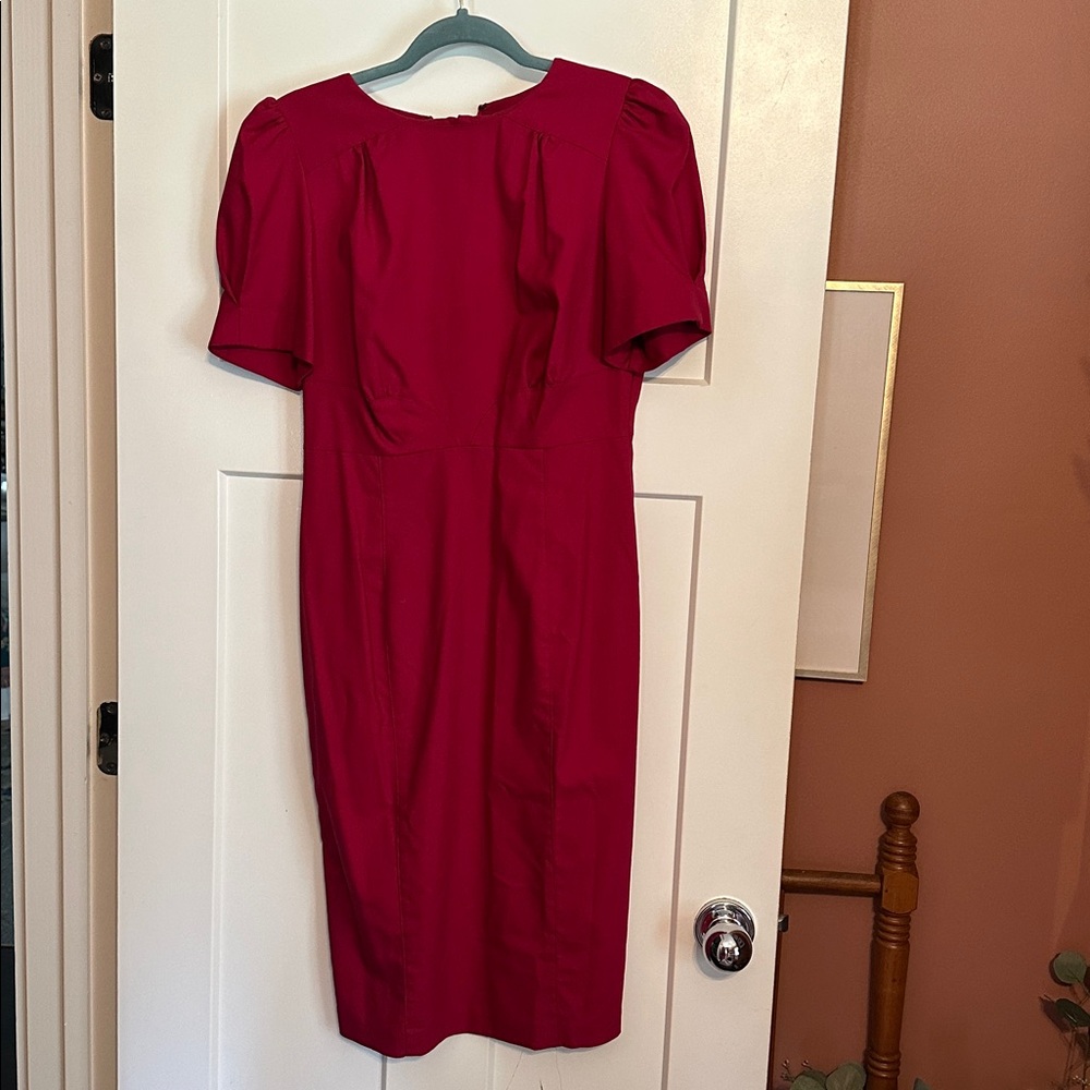 ASOS cranberry fitted puff sleeves back zipper back slit 8 midi pleats dress - Picture 14 of 14